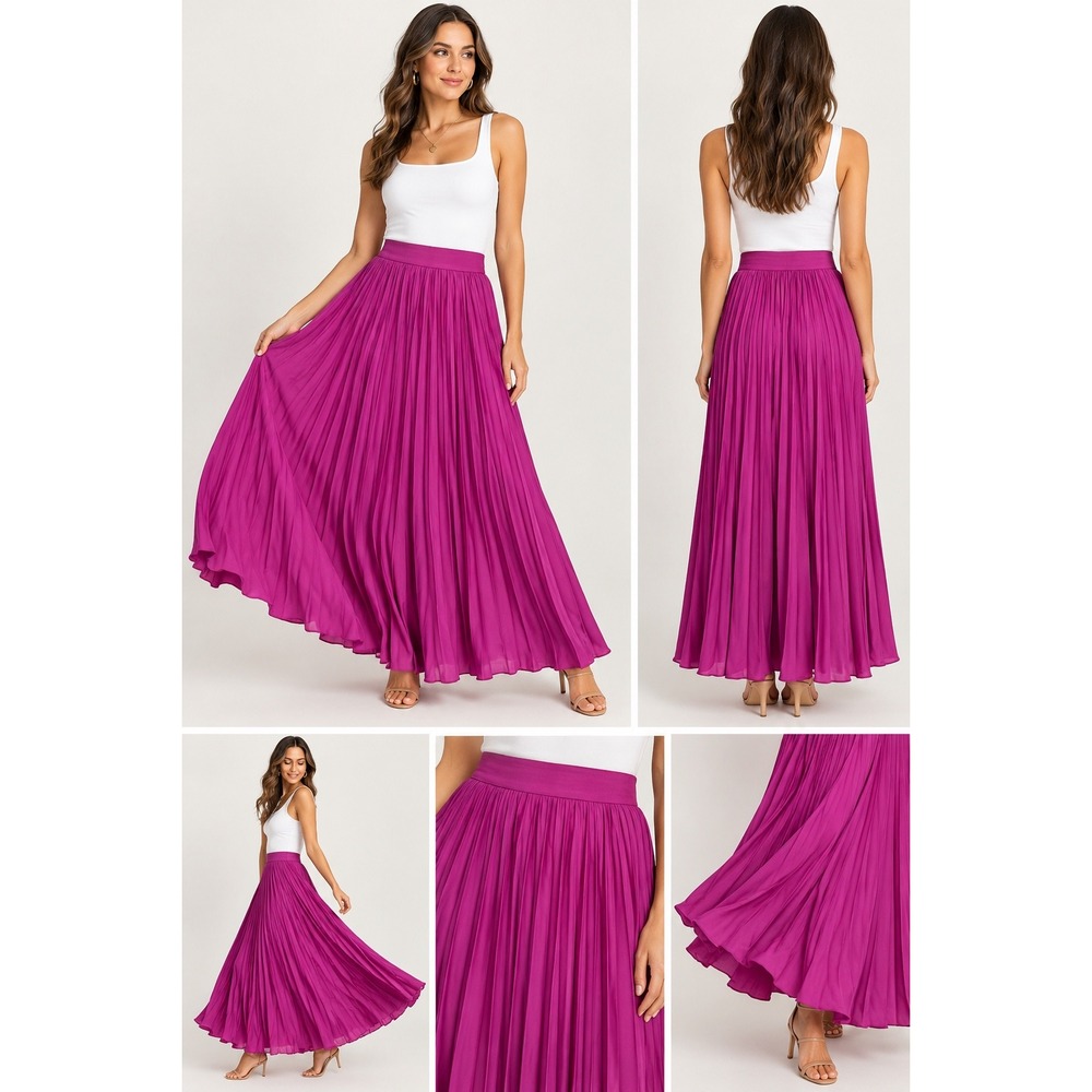 Flying Tomato Maxi Skirt L Magenta Purple Pleated Satin High Waist